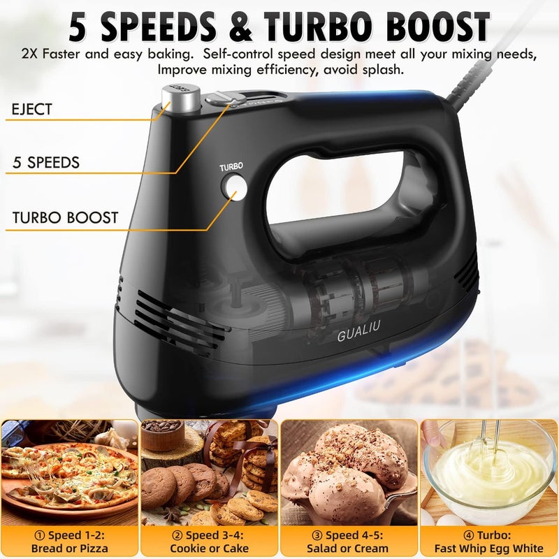 GUALIU Electric Hand Mixer with Stainless Steel Whisk, Dough Hook Attachment and Storage Bag, Handheld Mixer for Baking Cakes, Eggs, Cream Food Mixers. Turbo Boost /5 Speed Kitchen Blender - Image 4